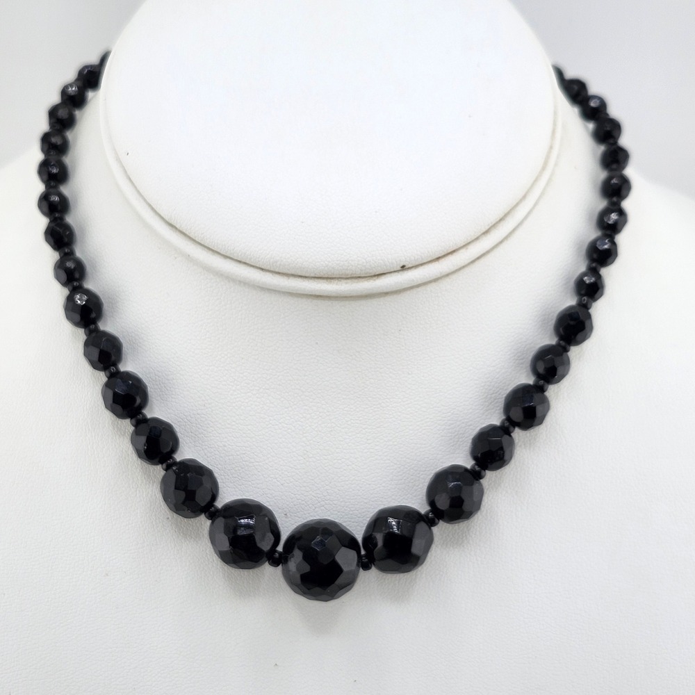Vintage Faceted Black Glass Bead Necklace West Germany Graduated Beads